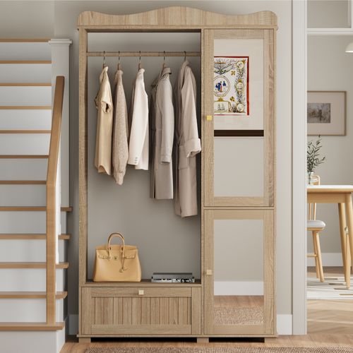 Armoire Dressing 115,5x38,5x194,5 Cm, Porte Avec Miroir, Penderie Ouverte, Tiroir, Mdf, Couleur Bois