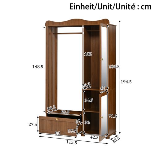 Armoire Penderie 115,5x38,5x194,5 Cm, Miroir Intégré, 1 Tiroir Et 2 Portes, Mdf, Brun