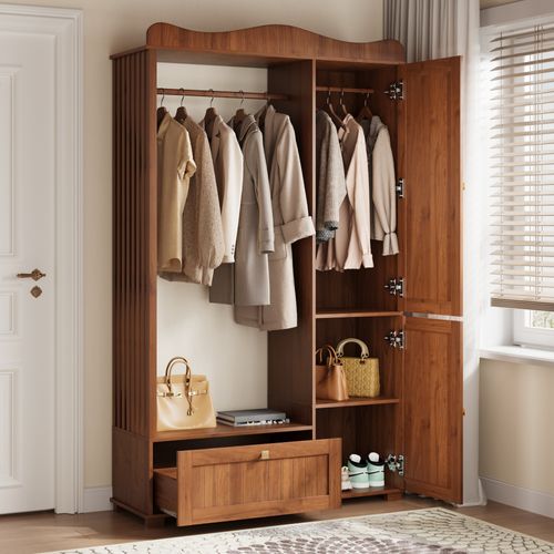 Armoire Penderie 115,5x38,5x194,5 Cm, Miroir Intégré, 1 Tiroir Et 2 Portes, Mdf, Brun