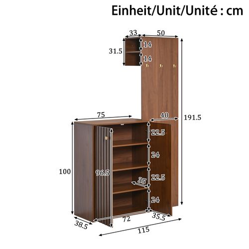 Ensemble Meuble D'entrée 115x38,5x191,5 Cm, Meuble à Chaussures Et Penderie, Mdf, Couleur Brun