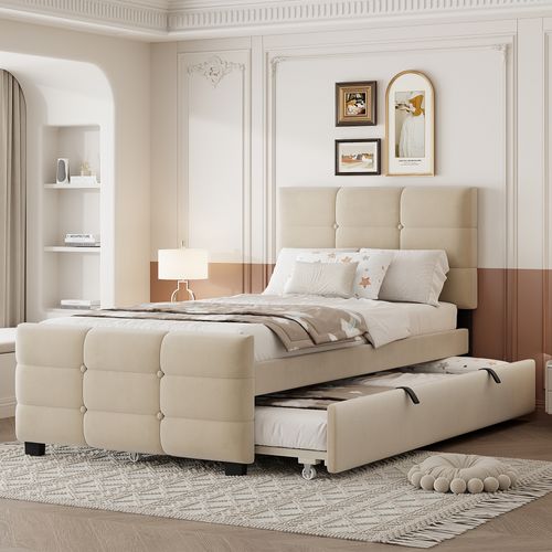 Lit Gigogne 90x190+90x190 Cm, Couchage Extensible, Mdf Métal, Velours, Couleur Beige