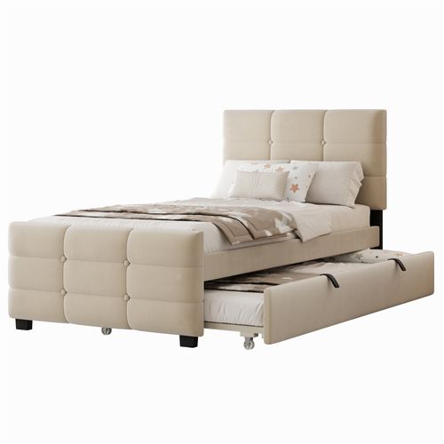 Lit Gigogne 90x190+90x190 Cm, Couchage Extensible, Mdf Métal, Velours, Couleur Beige