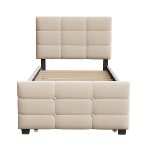Lit Gigogne 90x190+90x190 Cm, Couchage Extensible, Mdf Métal, Velours, Couleur Beige