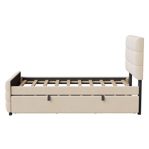 Lit Gigogne 90x190+90x190 Cm, Couchage Extensible, Mdf Métal, Velours, Couleur Beige