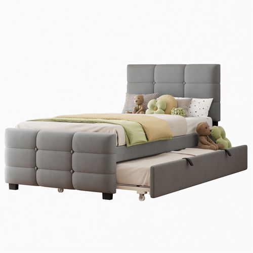 Lit Gigogne 90x190+90x190 Cm, 2 Couchages, Bois, Mdf, Métal, Velours, Couleur Gris