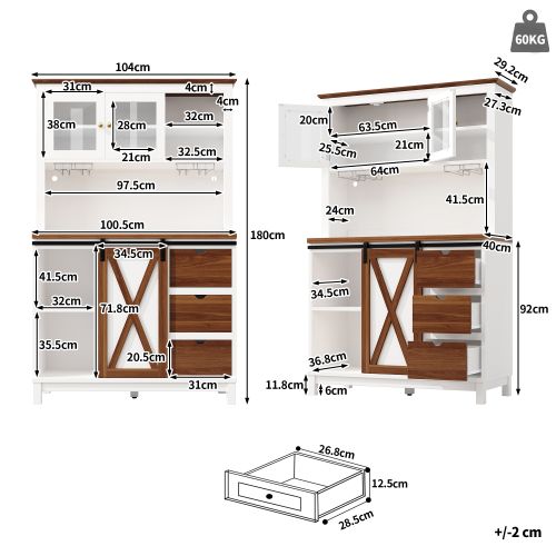 Buffet De Cuisine 104x40x180 Cm, 3 Tiroirs, LED Contrôlable, Mdf, Métal Et Verre, Blanc+brun