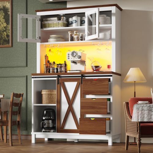 Buffet De Cuisine 104x40x180 Cm, 3 Tiroirs, LED Contrôlable, Mdf, Métal Et Verre, Blanc+brun