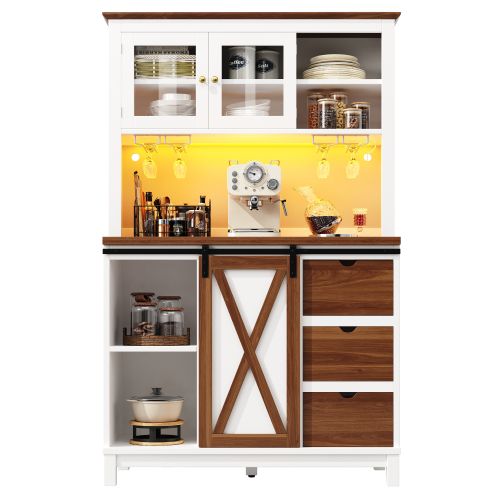 Buffet De Cuisine 104x40x180 Cm, 3 Tiroirs, LED Contrôlable, Mdf, Métal Et Verre, Blanc+brun