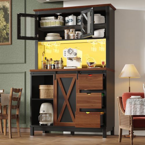 Buffet De Cuisine 104x40x180 Cm, LED Contrôlé Par App, Mdf, Métal, Verre, Noir+brun