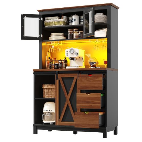 Buffet De Cuisine 104x40x180 Cm, LED Contrôlé Par App, Mdf, Métal, Verre, Noir+brun