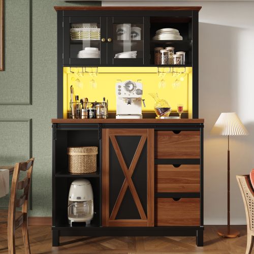 Buffet De Cuisine 104x40x180 Cm, LED Contrôlé Par App, Mdf, Métal, Verre, Noir+brun