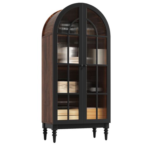 Vitrine Haute 76x38.5x165 Cm, 2 Portes Vitrées, Rangement, Mdf Et Verre, Couleur Noir+brun