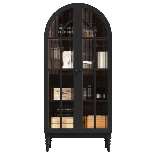 Vitrine Haute 76x38.5x165 Cm, 2 Portes Vitrées, Rangement, Mdf Et Verre, Couleur Noir+brun