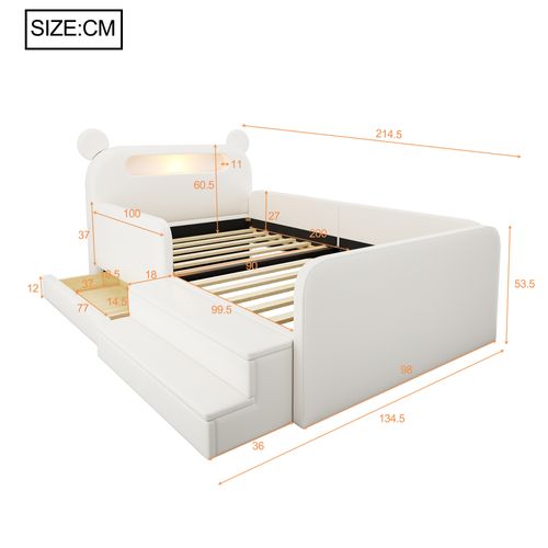 Lit Enfant 90x200 Cm, Tête De Lit Ourson Avec Rangement, 1 Tiroir, Simili, Métal, Mdf, Blanc