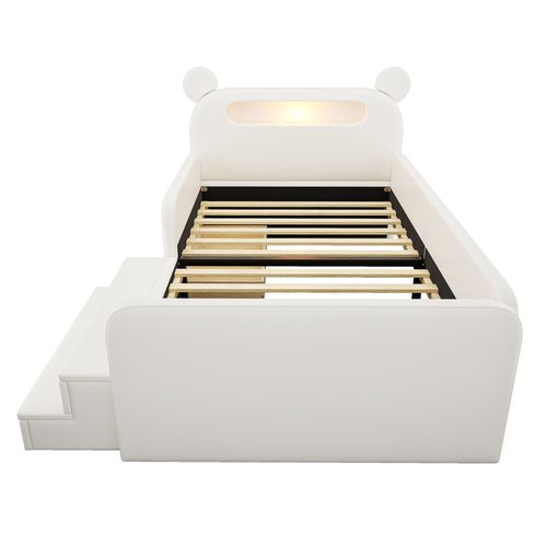 Lit Enfant 90x200 Cm, Tête De Lit Ourson Avec Rangement, 1 Tiroir, Simili, Métal, Mdf, Blanc