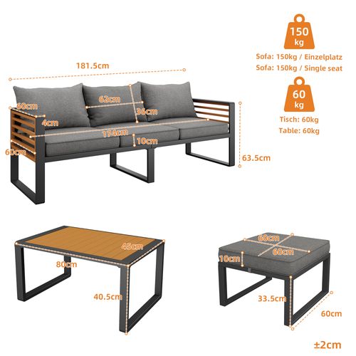 Salon De Jardin 4 Places, Canapé, Table, Coussins Déperlants, Table Aspect Bois, Métal, Tissu, Gris