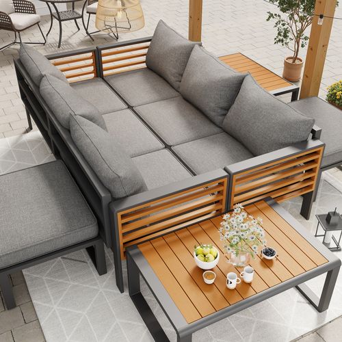 Salon De Jardin 4 Places, Canapé, Table, Coussins Déperlants, Table Aspect Bois, Métal, Tissu, Gris