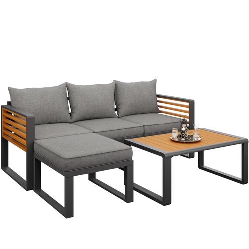 Salon De Jardin 4 Places, Canapé, Table, Coussins Déperlants, Table Aspect Bois, Métal, Tissu, Gris