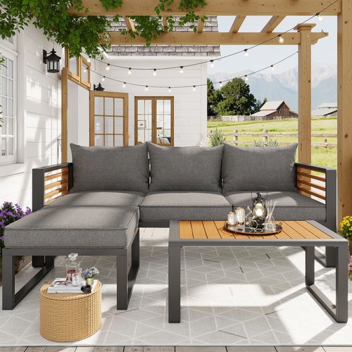 Salon De Jardin 4 Places, Canapé, Table, Coussins Déperlants, Table Aspect Bois, Métal, Tissu, Gris