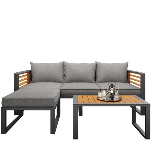 Salon De Jardin 4 Places, Canapé, Table, Coussins Déperlants, Table Aspect Bois, Métal, Tissu, Gris
