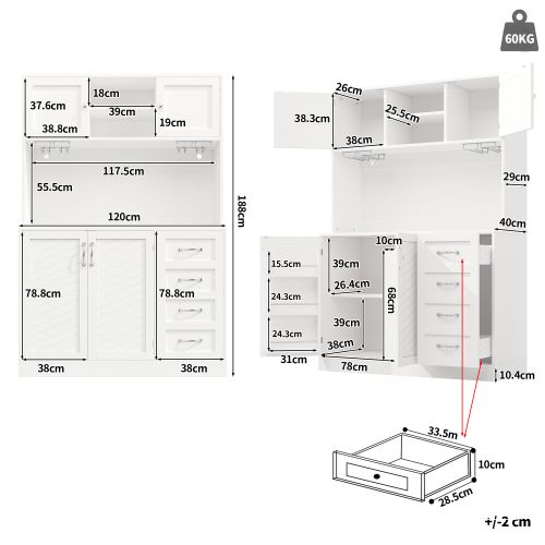 Buffet De Cuisine 120x40x188 Cm, Éclairage LED, 3 Niches, Rangement à 2 Niveaux, Mdf, Métal, Blanc