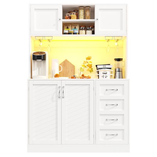 Buffet De Cuisine 120x40x188 Cm, Éclairage LED, 3 Niches, Rangement à 2 Niveaux, Mdf, Métal, Blanc