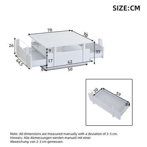 Table Basse Carrée 70x70x35 Cm, 2 Tiroirs Avec LED, Panneau Acrylique Transparent, Bois, Blanc
