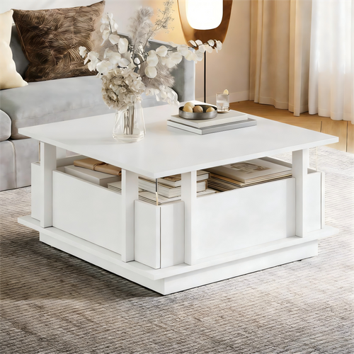 Table Basse Carrée 70x70x35 Cm, 2 Tiroirs Avec LED, Panneau Acrylique Transparent, Bois, Blanc