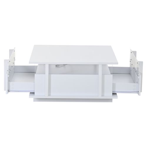 Table Basse Carrée 70x70x35 Cm, 2 Tiroirs Avec LED, Panneau Acrylique Transparent, Bois, Blanc