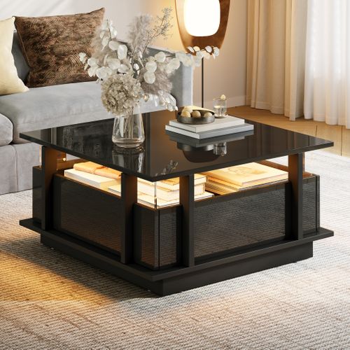 Table Basse Carrée 70x70x35 Cm, 2 Tiroirs Avec LED, Acrylique, Panneau De Particules, Noir