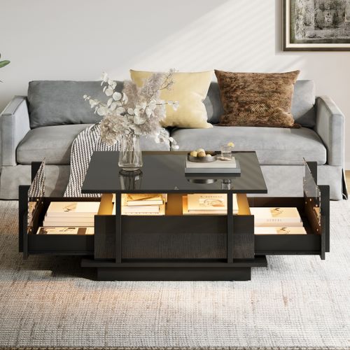 Table Basse Carrée 70x70x35 Cm, 2 Tiroirs Avec LED, Acrylique, Panneau De Particules, Noir