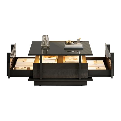 Table Basse Carrée 70x70x35 Cm, 2 Tiroirs Avec LED, Acrylique, Panneau De Particules, Noir