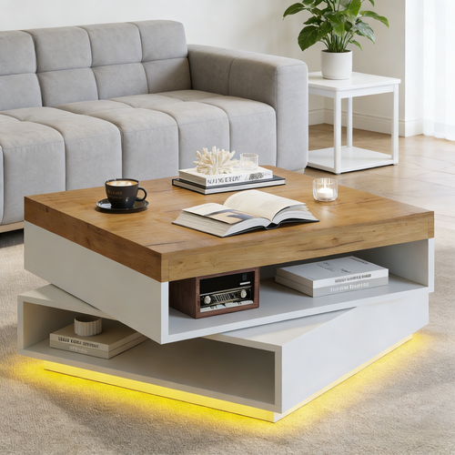 Table Basse Carrée 65x65x40 Cm, Plateau Pivotant 360, LED, 2 Niches, Mdf, Blanc+bois