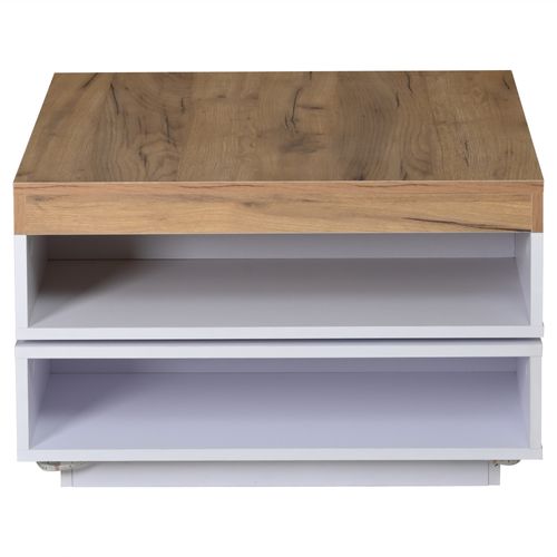 Table Basse Carrée 65x65x40 Cm, Plateau Pivotant 360, LED, 2 Niches, Mdf, Blanc+bois