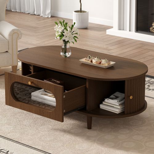 Table Basse Ovale 100x50x36 Cm, 1 Tiroir, 2 Portes Coulisantes, Mdf Et Verre, Finition Brun