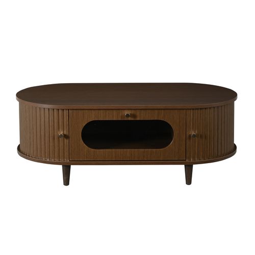 Table Basse Ovale 100x50x36 Cm, 1 Tiroir, 2 Portes Coulisantes, Mdf Et Verre, Finition Brun