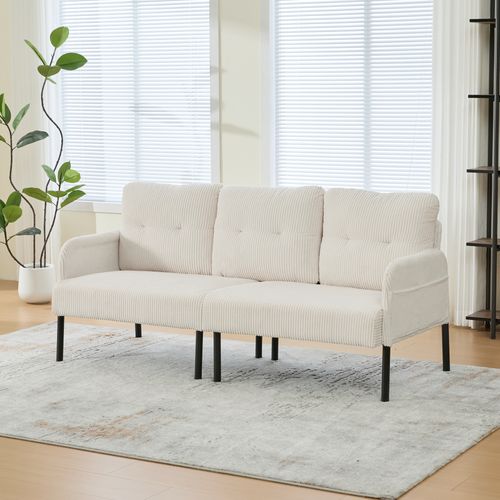 Canapé 3 Places 171x72x80 Cm, Assise Profonde Avec Poche Latérale, Velours Côtelé, Beige+noir