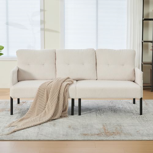 Canapé 3 Places 171x72x80 Cm, Assise Profonde Avec Poche Latérale, Velours Côtelé, Beige+noir