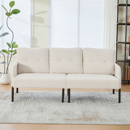 Canapé 3 Places 171x72x80 Cm, Assise Profonde Avec Poche Latérale, Velours Côtelé, Beige+noir