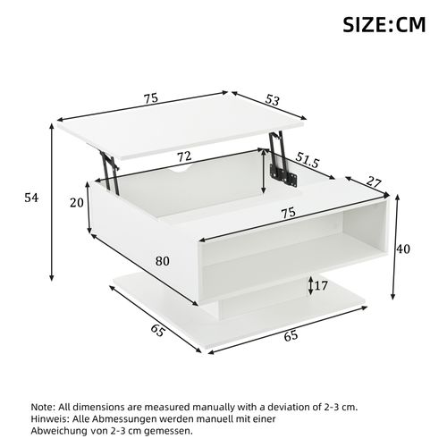 Table Basse 75x75x40-54 Cm, 1 Niche, Plateau Relevable Avec LED, Panneau De Particules, Blanc
