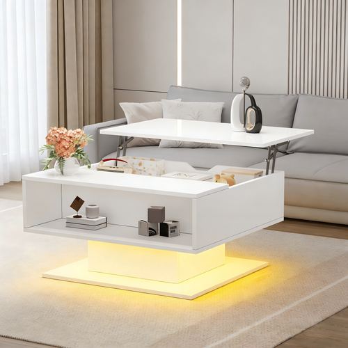 Table Basse 75x75x40-54 Cm, 1 Niche, Plateau Relevable Avec LED, Panneau De Particules, Blanc