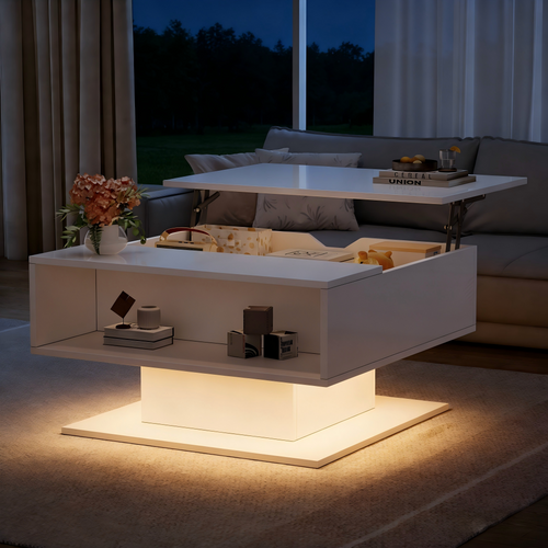 Table Basse 75x75x40-54 Cm, 1 Niche, Plateau Relevable Avec LED, Panneau De Particules, Blanc