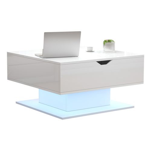 Table Basse 75x75x40-54 Cm, 1 Niche, Plateau Relevable Avec LED, Panneau De Particules, Blanc