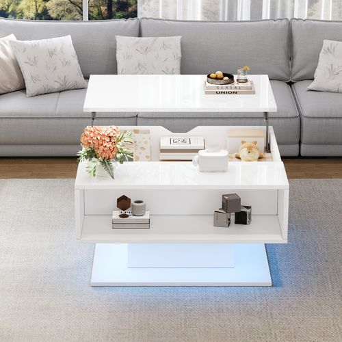 Table Basse 75x75x40-54 Cm, 1 Niche, Plateau Relevable Avec LED, Panneau De Particules, Blanc