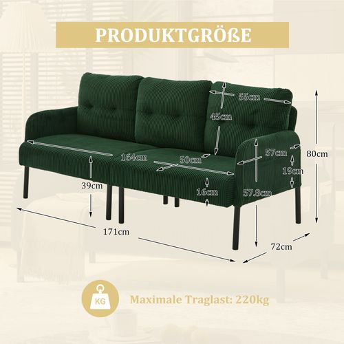Canapé 3 Places 171x72x80 Cm, Poche Latérale, Tissu Velours Côtelé, Métal, Vert+noir