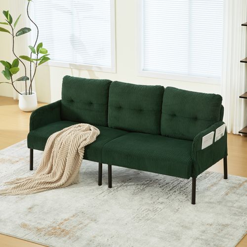Canapé 3 Places 171x72x80 Cm, Poche Latérale, Tissu Velours Côtelé, Métal, Vert+noir