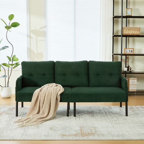 Canapé 3 Places 171x72x80 Cm, Poche Latérale, Tissu Velours Côtelé, Métal, Vert+noir