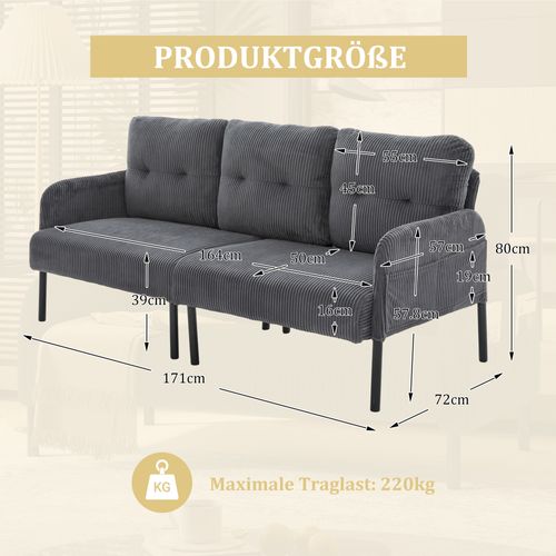 Canapé 3 Places 171x72x80 Cm, Assise Profonde Avec Poche Latérale, Velours Côtelé, Gris+noir