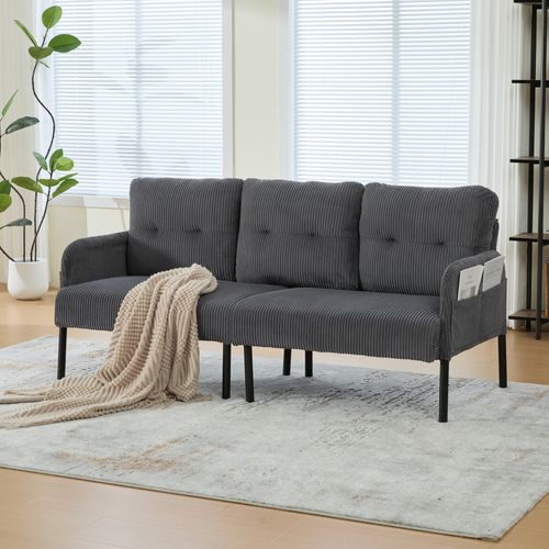 Canapé 3 Places 171x72x80 Cm, Assise Profonde Avec Poche Latérale, Velours Côtelé, Gris+noir