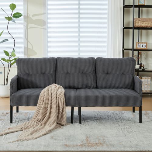 Canapé 3 Places 171x72x80 Cm, Assise Profonde Avec Poche Latérale, Velours Côtelé, Gris+noir